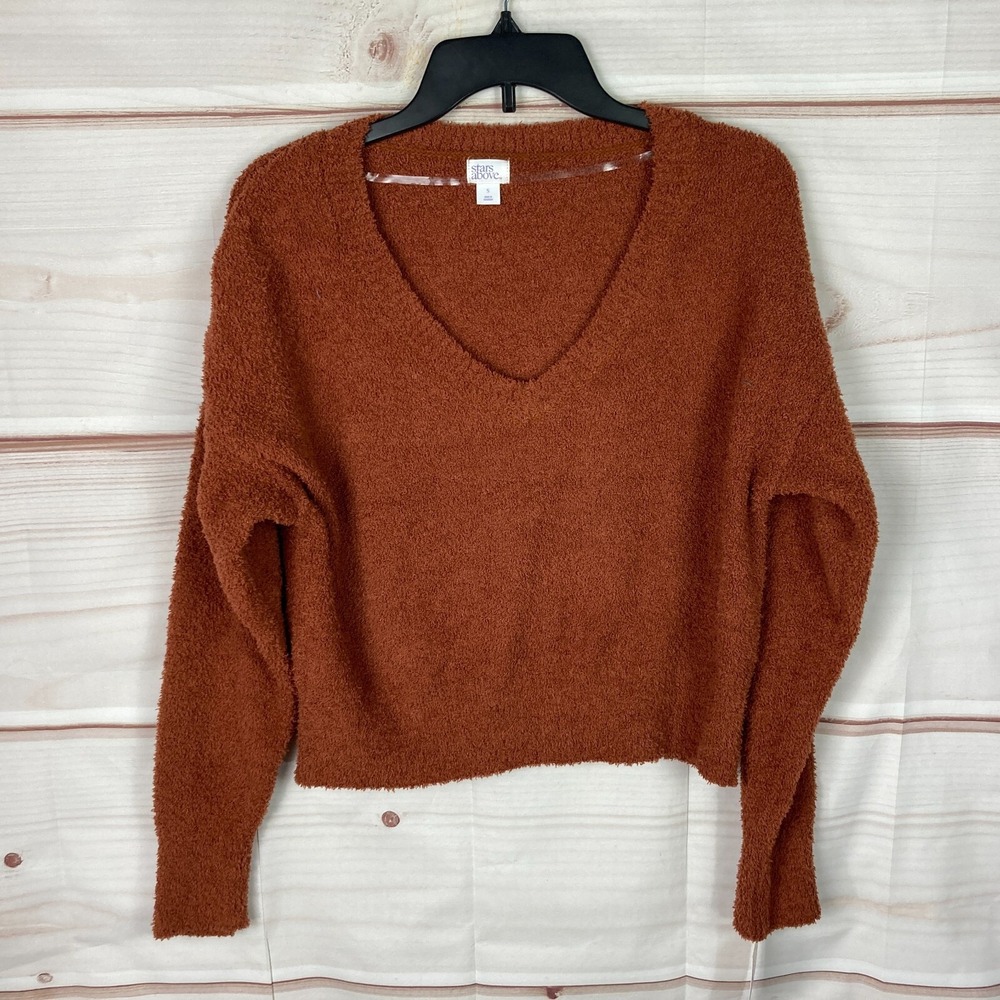 Stars Above Sweater Womens Small Brown V-Neck Long Sleeve Fuzzy Pullover Solid